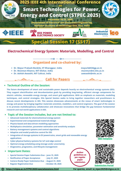 This session aims to bring together #researchers, #academicians, and #industry professionals to discuss the latest advancements in #electrochemical #energy systems. We invite you to submit your original #research contributions to this special session. All accepted and presented papers will be submitted to #IEEE Xplore. 