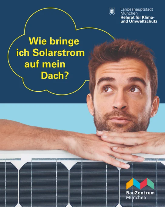 Ein Mann lehnt an einem Solarpanel und stützt seinen Kopf darauf. In einer Denkblase steht "Wie bringe in Solarstrom auf mein Dach?"