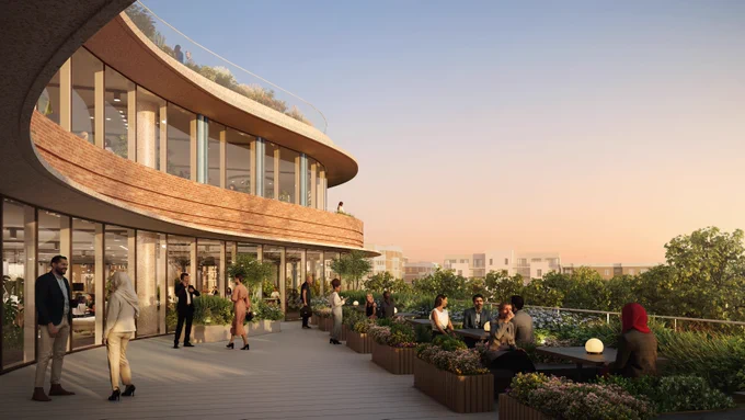 Image shows a CGI of Botanic Place which includes a building, people and green space. 