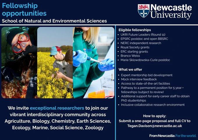 Fellowship opportunities at Newcastle University’s School of Natural and Environmental Sciences. Invitation for exceptional researchers across fields like Agriculture, Biology, Chemistry, Earth Sciences, Marine, Ecology, Social Science, and Zoology. Eligible fellowships include UKRI Future Leaders, EPSRC, NERC, Royal Society, ERC, Branco Weiss, and Marie Sklodowska-Curie. Support includes expert mentorship, mock interviews, facility access, and potential permanent roles. Apply by submitting a 1-page proposal and CV to Tegan.Davison@newcastle.ac.uk
