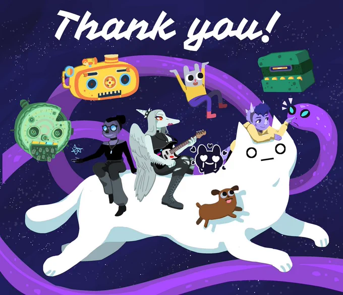 Illustration of characters from various KO_OP games against a starry night sky. White text at the top reads: Thank you!