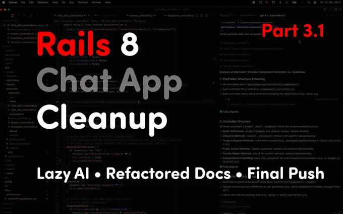 This episode is all about cleanup, alignment, and final polish before I publish the codebase.

After recording the walkthroughs, I noticed a few inconsistencies. I tested AI review quality across Claude 3.7, GPT-4.1, and Cursor Grok, and refactored the guidelines to clarify that certain rules apply to all controllers.

We’ll explore:
- How I use AI teammates to review my controller structure
- The Scrum lifecycle states I apply in my docs (inspired by Candy)
- A quick look at performance when tweaking alert delays in system tests
- Why good documentation helps me catch subtle bugs or missing conventions

If you’ve ever used AI to review your code — or you’re thinking about documenting your own setup — this video might give you a few helpful ideas.
