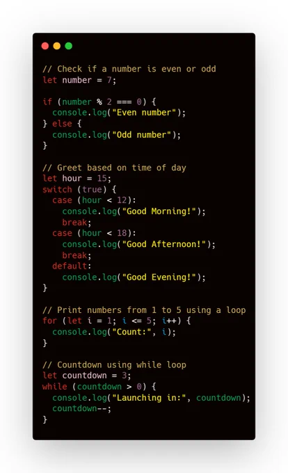 Here’s what I practiced:
✅ Using if-else and switch for conditions
✅ Using for and while loops for repetition
✅ Writing small programs to apply logic