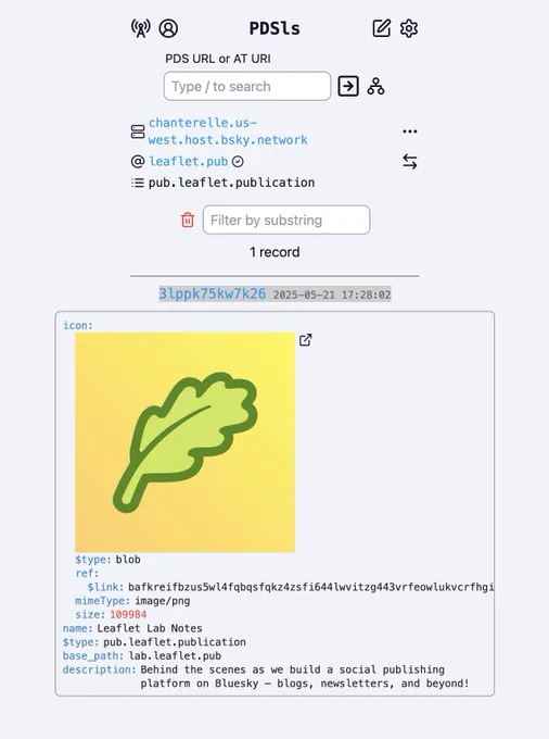 screenshot of a record from @leaflet.pub's PDS, showing the data for the Leaflet Lab Notes publication, at https://pdsls.dev/at://did:plc:btxrwcaeyodrap5mnjw2fvmz/pub.leaflet.publication