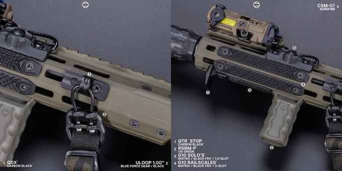 RailScales QTR Stop, RSBM-P M-LOK VFG, 1.5-Slot Matrix Black FR4 G10 Solo's M-LOK Scale, 3-Slot Matrix Black FR4 G10 RailScales M-LOK Scales, QDX M-LOK Sling Mount, Ampule RDS Tool, Halftop Mount for Scout Light Pro Lights, CSMR Mag Button | 11.5" 5.56 CK-Pro Cobalt Kinetics / Kinetic Consulting Bear Claw Rifle, HUXWRX Flow 556K Suppressor, Surefire M640V-Pro IR Light w/ DS00 Switch & CSM-07 Pressure Pad, EOTech OGL Laser, Aimpoint Micro T-2 Red Dot w/ Unity Tactical Fast Micro FDE Mount, Magpul MOE-SL Grip & SL-M Stock in OD Green, Magpul 30rd EMAG's, Ferro Concepts Slingster w/ Blue Force Gear ULoop Attachments, SupDef x WRMFZY Southwest Auto Bag. 