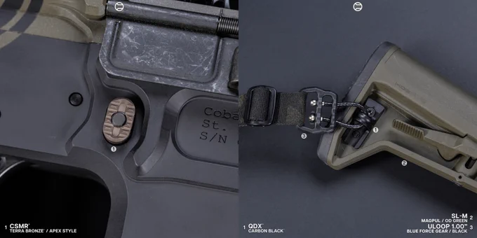 RailScales QTR Stop, RSBM-P M-LOK VFG, 1.5-Slot Matrix Black FR4 G10 Solo's M-LOK Scale, 3-Slot Matrix Black FR4 G10 RailScales M-LOK Scales, QDX M-LOK Sling Mount, Ampule RDS Tool, Halftop Mount for Scout Light Pro Lights, CSMR Mag Button | 11.5" 5.56 CK-Pro Cobalt Kinetics / Kinetic Consulting Bear Claw Rifle, HUXWRX Flow 556K Suppressor, Surefire M640V-Pro IR Light w/ DS00 Switch & CSM-07 Pressure Pad, EOTech OGL Laser, Aimpoint Micro T-2 Red Dot w/ Unity Tactical Fast Micro FDE Mount, Magpul MOE-SL Grip & SL-M Stock in OD Green, Magpul 30rd EMAG's, Ferro Concepts Slingster w/ Blue Force Gear ULoop Attachments, SupDef x WRMFZY Southwest Auto Bag. 