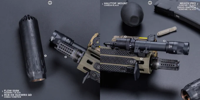 RailScales QTR Stop, RSBM-P M-LOK VFG, 1.5-Slot Matrix Black FR4 G10 Solo's M-LOK Scale, 3-Slot Matrix Black FR4 G10 RailScales M-LOK Scales, QDX M-LOK Sling Mount, Ampule RDS Tool, Halftop Mount for Scout Light Pro Lights, CSMR Mag Button | 11.5" 5.56 CK-Pro Cobalt Kinetics / Kinetic Consulting Bear Claw Rifle, HUXWRX Flow 556K Suppressor, Surefire M640V-Pro IR Light w/ DS00 Switch & CSM-07 Pressure Pad, EOTech OGL Laser, Aimpoint Micro T-2 Red Dot w/ Unity Tactical Fast Micro FDE Mount, Magpul MOE-SL Grip & SL-M Stock in OD Green, Magpul 30rd EMAG's, Ferro Concepts Slingster w/ Blue Force Gear ULoop Attachments, SupDef x WRMFZY Southwest Auto Bag. 