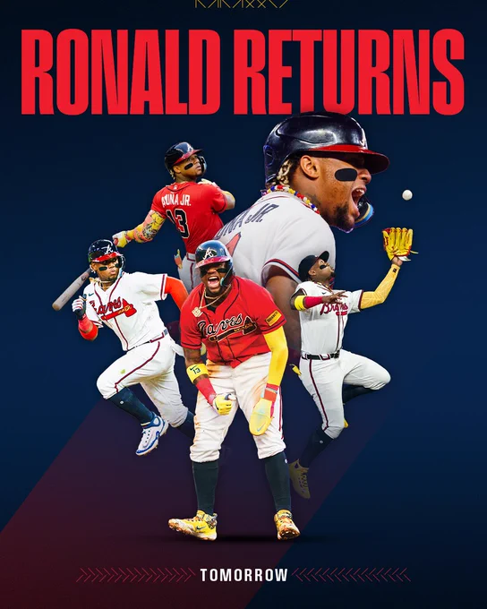 A collage of pictures of Ronald Acuña Jr. with the caption “Ronald Returns tomorrow”