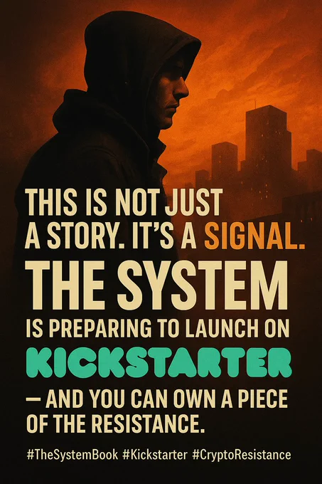 A dramatic digital poster for The System Kickstarter campaign. The image features a looming dystopian city bathed in fiery orange light, with smoke rising and silhouettes of crumbling towers. In the foreground, a lone figure stands on a massive bridge over molten terrain, evoking themes of resistance and descent. Overlay text reads:
“This is not just a story. It’s a signal.
The System is preparing to launch on Kickstarter — and you can own a piece of the Resistance.
Like. Follow. Prepare.”
#TheSystemBook #Kickstarter #CryptoResistance