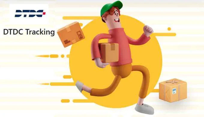 3D cartoon-style delivery person happily running with packages, symbolizing fast and efficient shipping, with the DTDC logo and the text "DTDC Tracking" in the top left corner.