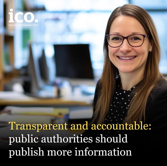A young woman wearing glasses and with long straight hair is smiling to camera. It looks like she's working in an office but the background is quite blurry. The text reads: "Transparent and accountable: public authorities should publish more information."