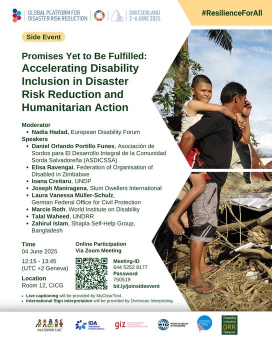 Event poster for a side event on disability inclusion in disaster risk reduction, featuring details on speakers, timing, and participation.