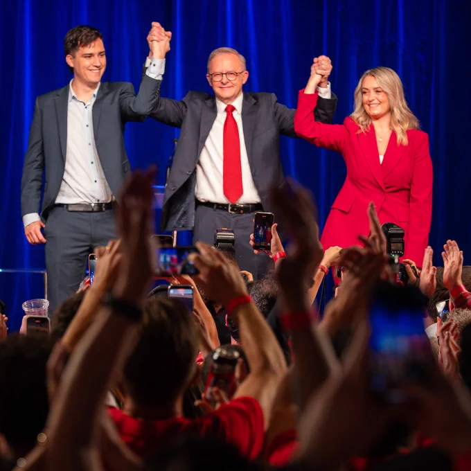 Prime Minister Anthony Albanese celebrates his election win.