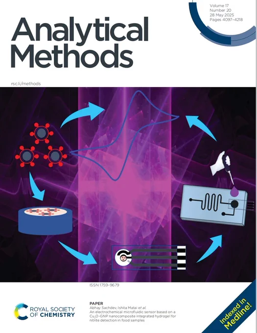 Front cover of issue 20 of @MethodsRSC. Image shows an electrochemical microfluidic sensor based on Cu₂O-GNP nanocomposite integrated hydrogel for nitrite detection in food samples.