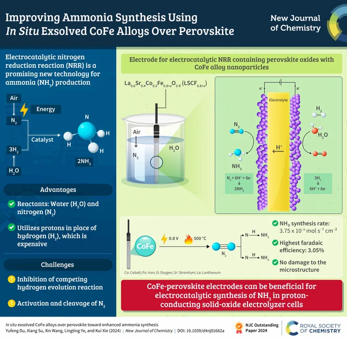 An infographic showing the findings of the paper, 'In situ exsolved CoFe alloys over perovskite toward enhanced ammonia synthesis', by Yufeng Du, Xiang Su, Xin Wang, Lingting Ye and Kui Xie.

It explains that the electrocatalytic nitrogen reaction (NRR) is a promising new technology for ammonia production. The advances are that the reactants are water and nitrogen, and it uses protons rather than more expensive hydrogen. The challenges are the inhibition of the competing hydrogen evolution reaction and the activiation and cleavage of N2.

This papers finds that CoFe-perovskite electrodes can be beneficial for electrocatalytic synthesis of NH3 in proton-conducting solid-oxide electrolyzer cells. 

It has a high NH3 synthesis rate, a high faradaic efficiency, and the reaction causes no damage to the microstructure.