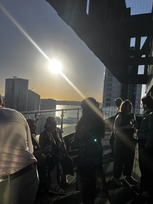 Liverpool office balcony view during sunset 