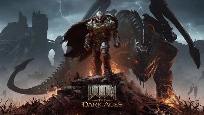 A heavily armoured figure stands triumphantly on a rocky ledge, flanked by a massive dragon-like creature under a stormy sky.