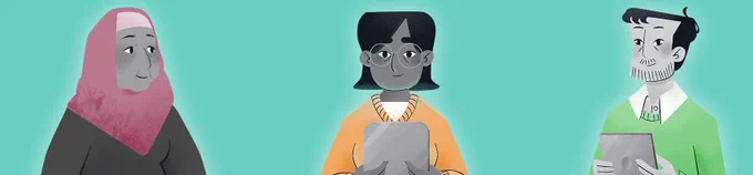 A banner with a green background with three animated characters on it. One is a woman with a pink head scarf on, one is a woman with glasses and an orange jumper on and one is a man in a green jumper holding a clipboard.