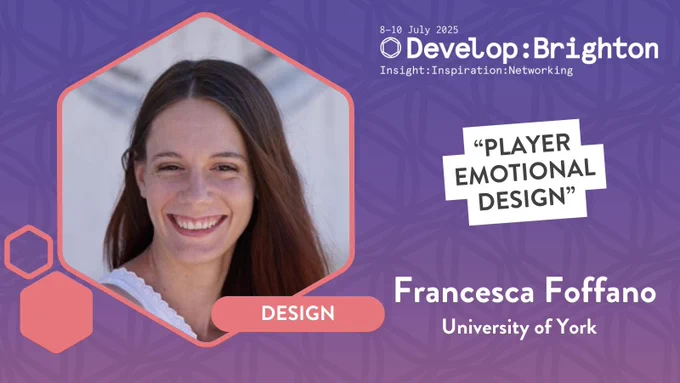 An image of Francesca Foffano from the University of York with the topic of her talk, 'Player Emotional Design'