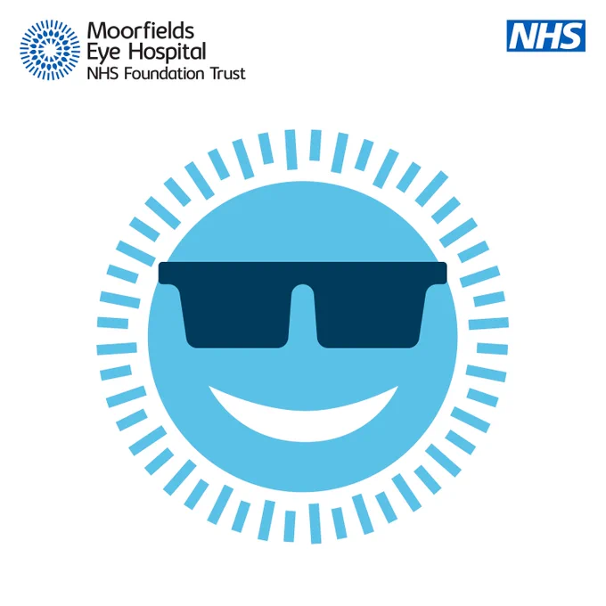 Blue and white graphic, with a smiley face and sunglasses. The graphic also has the Moorfields Eye Hospital and NHS logos on.
