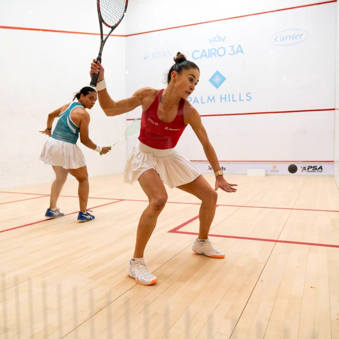 Nele Gilis-Coll in action at the Palm Hills Squash Open. 