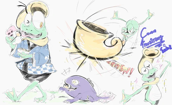 A digital doodle featuring Gekomon, a frog-like Digimon, split into three distinct panels.

On the left, we see Gekomon wearing a happi coat. The outfit is mainly blue, decorated with white symbols and checkered patterns, and has a black sash down the middle. In his left hand, Gekomon holds a small basket filled with takoyaki balls, while in his right hand he has a skewer with one takoyaki on the tip. Next to the frog Digimon is Otamamon, a creature resembling a large blue tadpole, holding a takoyaki ball in its mouth with a joyful expression.

In the center panel, Gekomon is shown slamming his horn to the ground with great force, so much that it lifts his body off the floor, leaving his legs suspended in the air. Impact lines, splashes, and the onomatopoeia "CRASH!" burst out from the instrument.

On the right, Gekomon strikes a post-performance pose with his arms wide open, a proud expression on his face, and his eyes closed. The tip of his horn curves upward, resembling a smile.