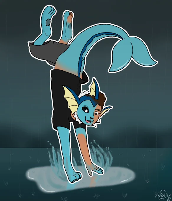 A familiar guy with bushy eyebrows and curly brown hair finds himself in the rain as he walking outside on a street. When he sees a big puddle in front of him, the urge to play in it is so great that a more aquatic side of him starts to emerge in the form of a Vaporeon tf. His hands and feet elongate in small paws as light blue fur spreads all over his body. His spine and torso elongates as well, growing a large fish like tail as he playfully jumps into the puddle arms first, splashing up water. His face stretches out as ears become fins and his hair becomes slick and shiny, his eyes shifting to give him a whole new Vaporeon perspective on how fun rainy days can be.