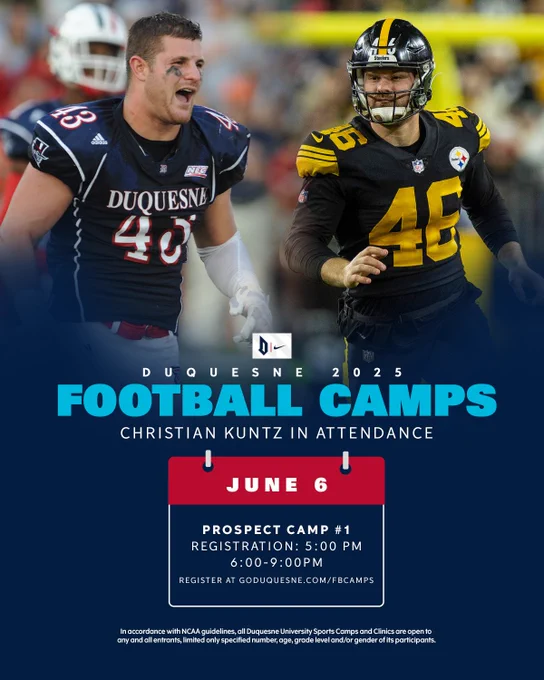 Duquesne football camp graphic mentioning Christian Kuntz will be in attendance at June 6 camp