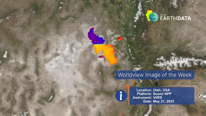 Satellite imagery of the Great Salt Lake in Utah, USA.