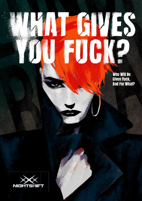 The cover of the Digital Comic "Xenia's Speech" featuring Xenia Titanin sultry look with the words "WHAT GIVES YOU FUCK?" in big bold White letters, with " WHO WILL BE GIVEN FUCK, AND FOR WHAT?" in smaller letters below. 