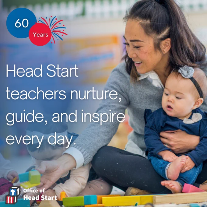 An adult smiling and interacting with a young child playing with blocks. The image includes text celebrating 60 years of Head Start, emphasizing the program's role in nurturing, guiding, and inspiring children. The logo of the Office of Head Start is visible.