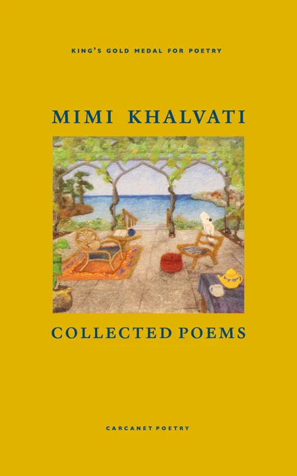 Book jacket with deep mustard background and identifying text in deep blue. In the centre, a painting of a terrace overlooking blue waters that are framed by plant support arches. On the terrace, comfortable seating with carpets, plants and table with a teapot and cup.