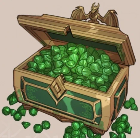 Pictured is an ornate coffer of green gems.