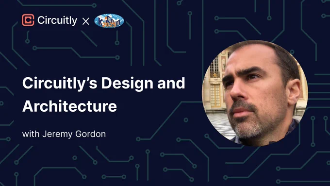 A name card with "Circuitly's Design and Architecture with Jeremy Gordon" printing in white text on a circuit-like background.  Above the title are the logos for Circuitly and KiCon 2025.  On the right is a circular picture of a man with furrowed brow looking up and to the left.