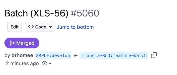 A screenshot of Github, showing that the Batch amendment has been merged into XRPL/rippled (and is therefore set to be released in the next rippled release).