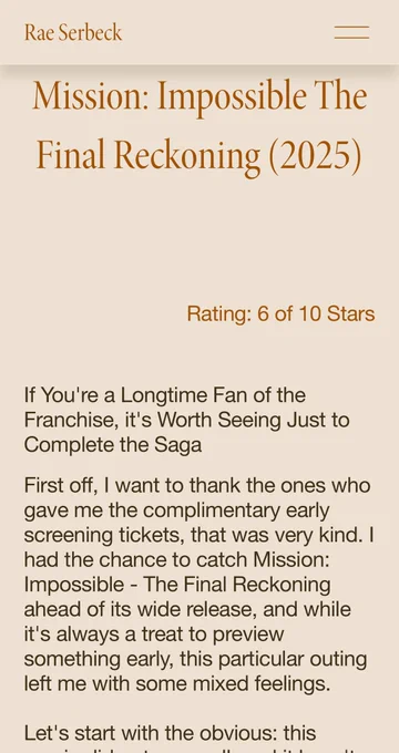 Rae Serbeck Full IMDb Review for the New Movie Mission: Impossible The Final Reckoning (2025) part 1
