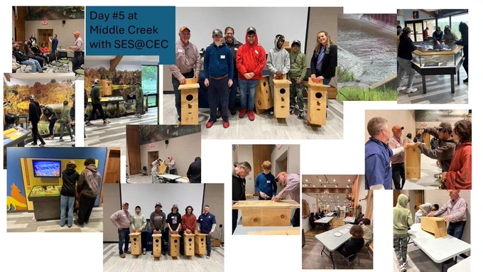 students attending field trip at Middle Creek building owl boxes, looking at the contents of owl pellets and hiking