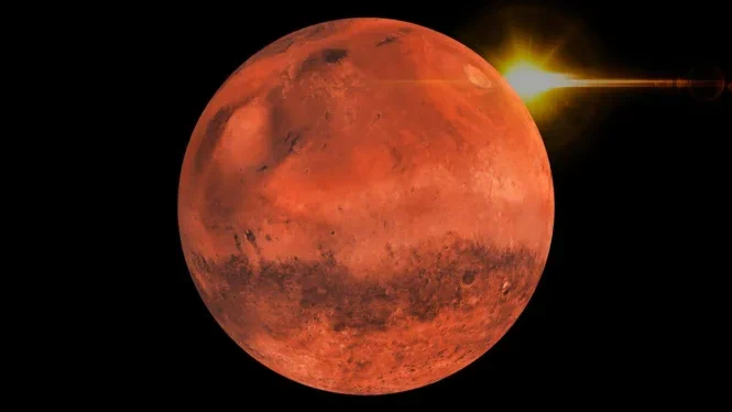 An illustration of an orange-red planet, resembling Mars, with a bright flare from a nearby star illuminating the top-right edge. The surface shows various shades and textures indicating terrain variations.