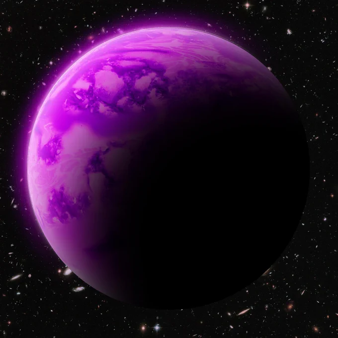 An illustration of a purple planet set on a back drop of space with galaxies glittered in the distance. 