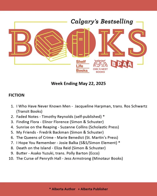Calgary Bestseller List for the week ending  May 22, 2025. A PDF of the list can be found on our website through the following URL: https://bookpublishers.ab.ca/programs/calgary-bestseller-list/