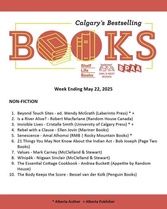 Calgary Bestseller List for the week ending  May 22, 2025. A PDF of the list can be found on our website through the following URL: https://bookpublishers.ab.ca/programs/calgary-bestseller-list/