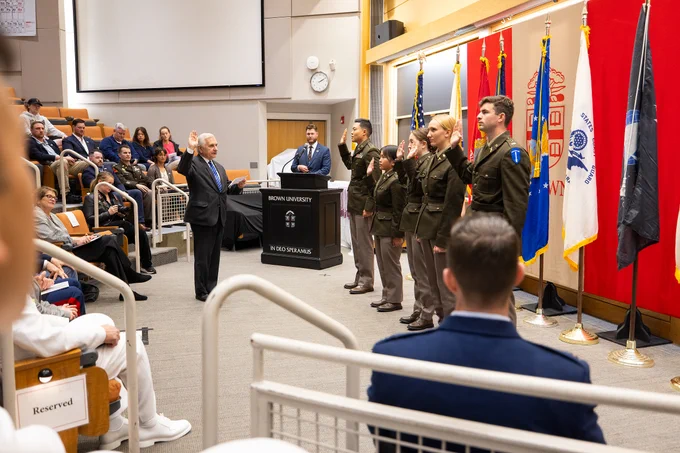 U.S. Sen. Jack Reed commissions five new officers in the U.S. Army.