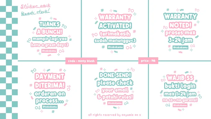 — ★ ready stock 
— ★ code : minty blush
— ★ price :  14.OOO
—————————————————— 💌
— ★ free retext all sticker
— ★ bisa add nama/usn toko
— ★ payment via spay, dana and gopay only! 
— ★ get 6 sticker 
(dikirim via wa dan file pict png on gdrive)
— ★ tambah jumlah sticker  3k/each
— ★ personal use (tidak untuk dijual kembali) 
— ★ bisa recolor  500p/each
— ★ open request dengan price : 15.OOO/pack