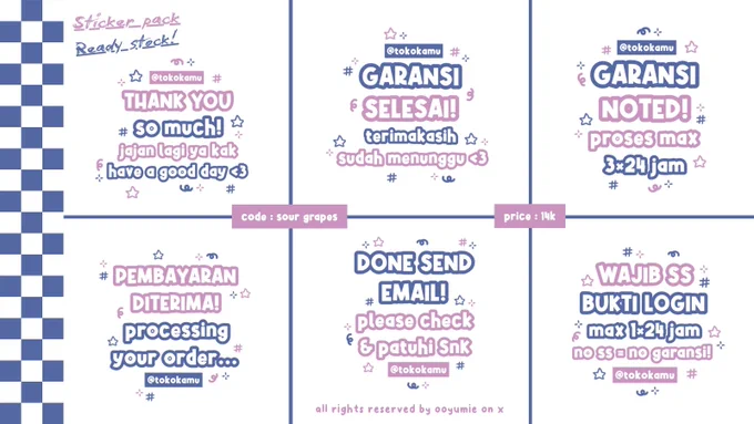 — ★ ready stock 
— ★ code : sour grapes
— ★ price :  14.OOO
—————————————————— 💌
— ★ free retext all sticker
— ★ bisa add nama/usn toko
— ★ payment via spay, dana and gopay only! 
— ★ get 6 sticker 
(dikirim via wa dan file pict png on gdrive)
— ★ tambah jumlah sticker  3k/each
— ★ personal use (tidak untuk dijual kembali) 
— ★ bisa recolor  500p/each
— ★ open request dengan price : 15.OOO/pack