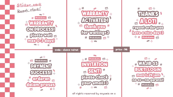 — ★ ready stock 
— ★ code : choco velvet
— ★ price :  14.OOO
—————————————————— 💌
— ★ free retext all sticker
— ★ bisa add nama/usn toko
— ★ payment via spay, dana and gopay only! 
— ★ get 6 sticker 
(dikirim via wa dan file pict png on gdrive)
— ★ tambah jumlah sticker  3k/each
— ★ personal use (tidak untuk dijual kembali) 
— ★ bisa recolor  500p/each
— ★ open request dengan price : 15.OOO/pack