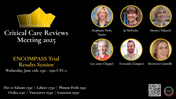 Flyer for the ENCOMPASS trial results session at CCR25, investigating a nurse-led, care for high-risk sepsis survivors