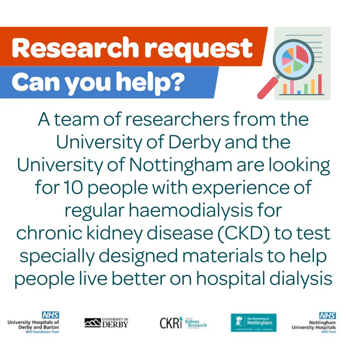 Graphic requesting research participants with chronic kidney disease for a study by the University of Derby and the University of Nottingham, in collaboration with NHS hospitals. The poster includes logos of both universities and the NHS, and features charts and healthcare imagery.