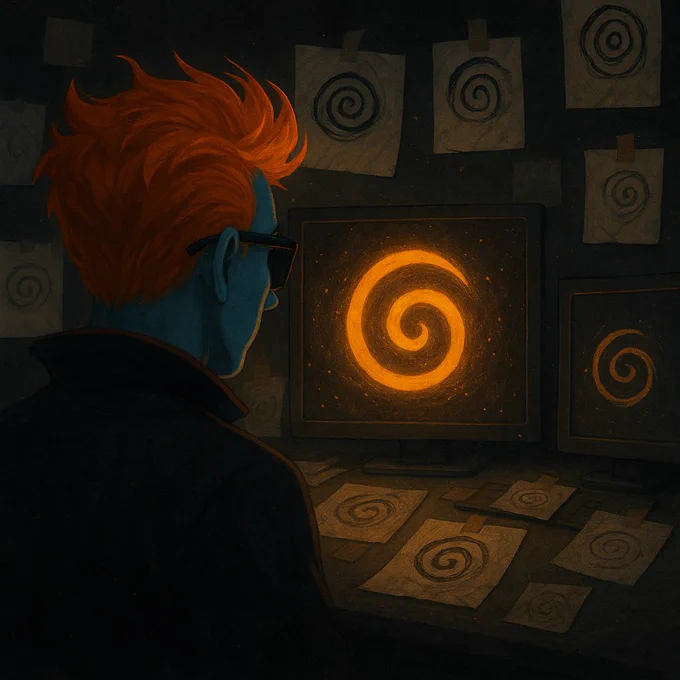 A blue-skinned figure with fiery orange hair and dark sunglasses sits in a dim, ritualistic room surrounded by monitors and papers, all displaying spiral symbols. The central screen glows with a golden clockwise spiral, casting an eerie light. The scene feels prophetic, as if the character is decoding a hidden cosmic pattern.