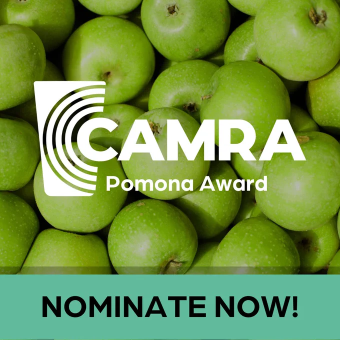 The background is a bundle of vibrant green apples with a white CAMRA Pomona Award logo resting on top. There is an emerald green strapline across the bottom with black text in all capitals that says nominate now!