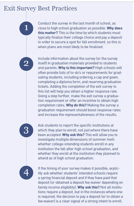 Screenshot from Strategic Data Project's Summer Melt Handbook, showing how to prepare an exit survey for graduating seniors to better gauge whether they may change their original plans to attend college.